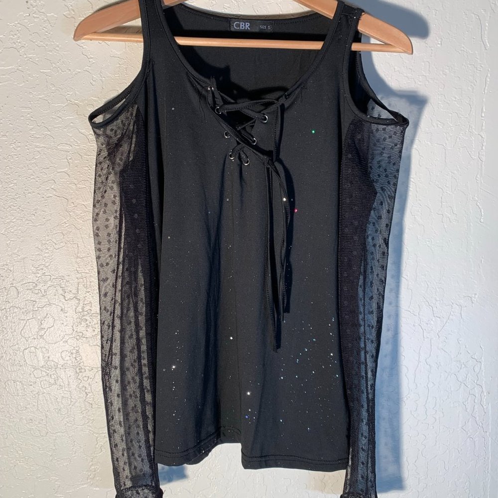 Chic Me Cold Shoulder Glitter Mesh Lace-Up Blouse